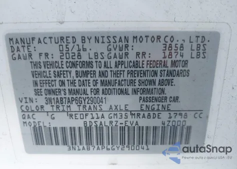 2016 Nissan Sentra Sr z USA, uszkodzony, nr VIN 3N1AB7AP6GY290041